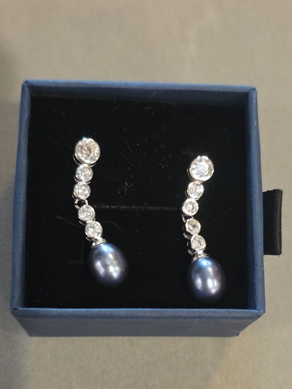 Dainty Silver Drop Earrings with Dark Pearl and Crystal Accents